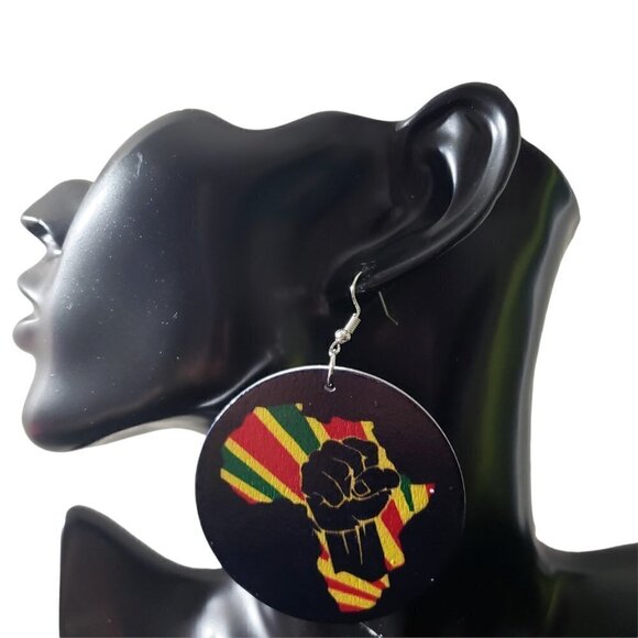 Womens Wood Painted Power Fist African American Round Retro French Hook Earrings - Picture 3 of 4